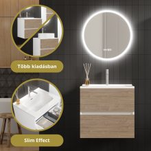 HD Aria Pro Silk Matt White-Oak 60 komplett fürdőszoba bútor fali push-to-open mosdószekrénnyel és tükörrel