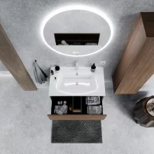 HD Aria Pro Oak 60 komplett fürdőszoba bútor szett fali push-to-open mosdószekrénnyel, tükörrel és magasszekrénnyel
