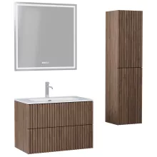 HD Ravello Pro Oak 60 komplett fürdőszoba bútor szett fali push-to-open mosdószekrénnyel, tükörrel és magasszekrénnyel