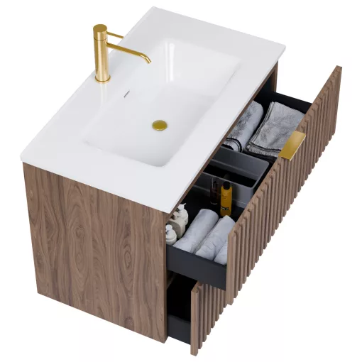 HD Ravello Oak 60 fali mosdószekrény szálcsiszolt arany fogantyúkkal