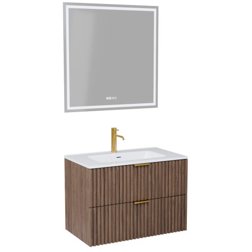 HD Ravello Oak 60 komplett fürdőszoba bútor fali mosdószekrénnyel, szálcsiszolt arany fogantyúkkal és tükörrel