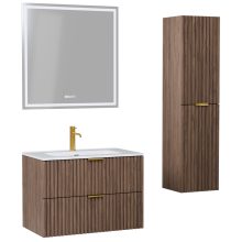 HD Ravello Oak 60 komplett fürdőszoba bútor szett fali mosdószekrénnyel, szálcsiszolt arany fogantyúkkal, tükörrel és magasszekrénnyel