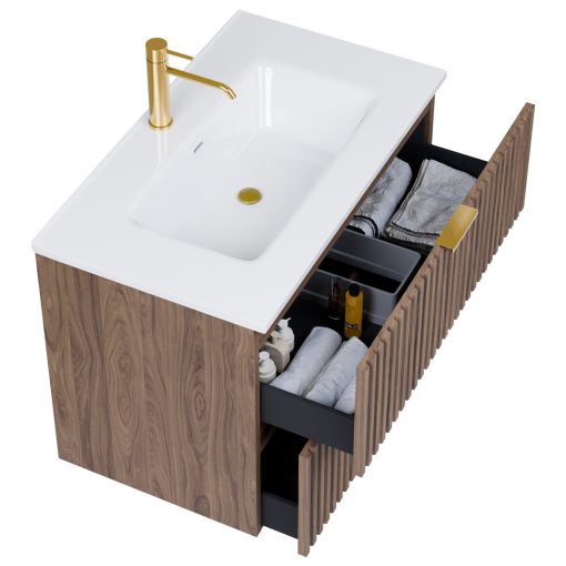 HD Ravello Oak 60 komplett fürdőszoba bútor szett fali mosdószekrénnyel, szálcsiszolt arany fogantyúkkal, tükörrel és magasszekrénnyel