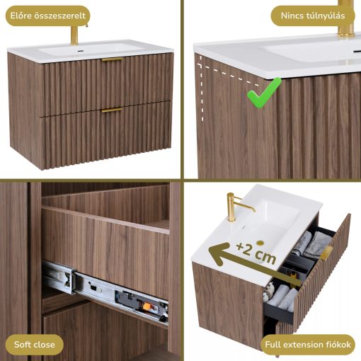 HD Ravello Oak 60 komplett fürdőszoba bútor szett fali mosdószekrénnyel, szálcsiszolt arany fogantyúkkal, tükörrel és magasszekrénnyel