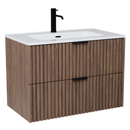 HD Ravello Oak 60/80 komplett fürdőszoba bútor fali mosdószekrénnyel, matt fekete fogantyúkkal és tükörrel