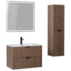   HD Ravello Oak 60/80 komplett fürdőszoba bútor szett fali mosdószekrénnyel, matt fekete fogantyúkkal, tükörrel és magasszekrénnyel