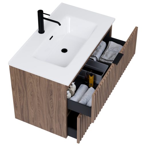 HD Ravello Oak 60/80 komplett fürdőszoba bútor szett fali mosdószekrénnyel, matt fekete fogantyúkkal, tükörrel és magasszekrénnyel