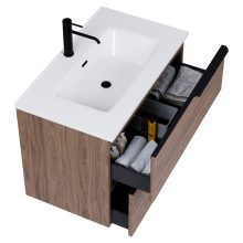 HD Cremona Oak 60/80 komplett fürdőszoba bútor szett fali mosdószekrénnyel, matt fekete fogantyúkkal, tükörrel és magasszekrénnyel