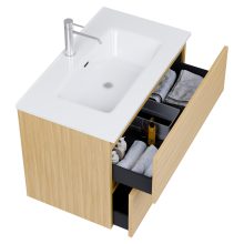 HD Aria Pro Hickory 60 komplett fürdőszoba bútor szett fali push-to-open mosdószekrénnyel, tükörrel és magas szekrénnyel