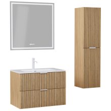 HD Parma Hickory 60 komplett fürdőszoba bútor szett fali mosdószekrénnyel, matt fehér fogantyúkkal, tükörrel és magasszekrénnyel