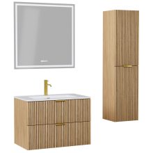 HD Parma Hickory 60 komplett fürdőszoba bútor szett fali mosdószekrénnyel, szálcsiszolt arany fogantyúkkal, tükörrel és magasszekrénnyel