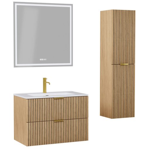 HD Parma Hickory 60 komplett fürdőszoba bútor szett fali mosdószekrénnyel, szálcsiszolt arany fogantyúkkal, tükörrel és magasszekrénnyel
