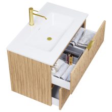 HD Parma Hickory 60 komplett fürdőszoba bútor szett fali mosdószekrénnyel, szálcsiszolt arany fogantyúkkal, tükörrel és magasszekrénnyel