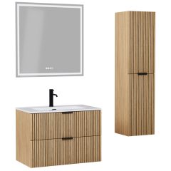   HD Parma Hickory 60/80/100/120 komplett fürdőszoba bútor szett fali mosdószekrénnyel, matt fekete fogantyúkkal, tükörrel és magasszekrénnyel