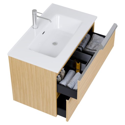 HD Cremona Hickory 60 komplett fürdőszoba bútor szett fali mosdószekrénnyel, fényes króm fogantyúkkal, tükörrel és magas szekrénnyel