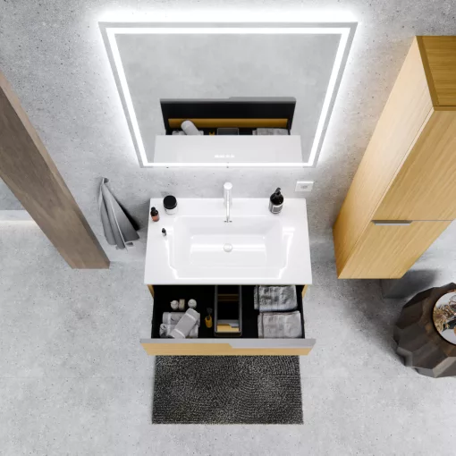 HD Cremona Hickory 60 komplett fürdőszoba bútor fali mosdószekrénnyel, szálcsiszolt króm fogantyúkkal és tükörrel