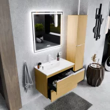 HD Cremona Hickory 60 komplett fürdőszoba bútor fali mosdószekrénnyel, matt fehér fogantyúkkal és tükörrel