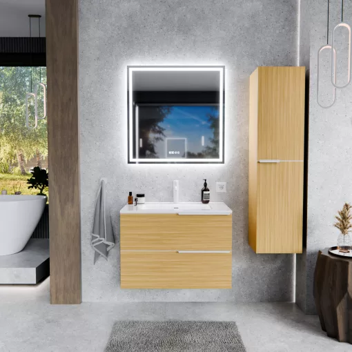 HD Cremona Hickory 60 komplett fürdőszoba bútor fali mosdószekrénnyel, matt fehér fogantyúkkal és tükörrel