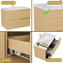 HD Cremona Hickory 60 komplett fürdőszoba bútor szett fali mosdószekrénnyel, szálcsiszolt arany fogantyúkkal, tükörrel és magas szekrénnyel