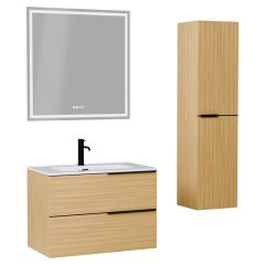   HD Cremona Hickory 60/80 komplett fürdőszoba bútor szett fali mosdószekrénnyel, matt fekete fogantyúkkal, tükörrel és magas szekrénnyel