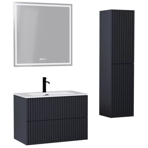 HD Ravello Pro Matt Antracit 60 komplett fürdőszoba bútor szett fali push-to-open mosdószekrénnyel, tükörrel és magasszekrénnyel