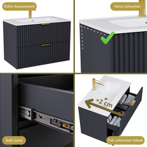 HD Ravello Matt Antracit 60 komplett fürdőszoba bútor fali mosdószekrénnyel, szálcsiszolt arany fogantyúkkal és tükörrel