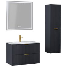 HD Ravello Matt Antracit 60 komplett fürdőszoba bútor szett fali mosdószekrénnyel, szálcsiszolt arany fogantyúkkal, tükörrel és magasszekrénnyel