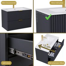 HD Ravello Matt Antracit 60 komplett fürdőszoba bútor szett fali mosdószekrénnyel, szálcsiszolt arany fogantyúkkal, tükörrel és magasszekrénnyel