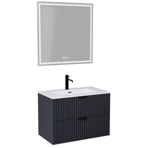 HD Ravello Matt Antracit 60/80 komplett fürdőszoba bútor fali mosdószekrénnyel, matt fekete fogantyúkkal és tükörrel
