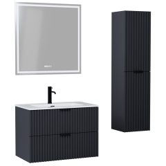   HD Ravello Matt Antracit 60/80 komplett fürdőszoba bútor szett fali mosdószekrénnyel, matt fekete fogantyúkkal, tükörrel és magasszekrénnyel