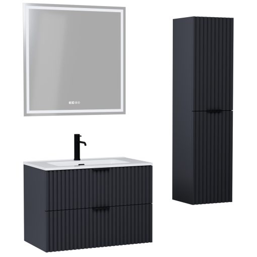 HD Ravello Matt Antracit 60/80 komplett fürdőszoba bútor szett fali mosdószekrénnyel, matt fekete fogantyúkkal, tükörrel és magasszekrénnyel