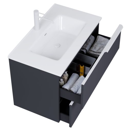 HD Cremona Matt Antracit 60 komplett fürdőszoba bútor szett fali mosdószekrénnyel, matt fehér fogantyúkkal, tükörrel és magasszekrénnyel