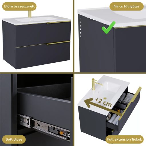 HD Cremona Matt Antracit 60 fali mosdószekrény szálcsiszolt arany fogantyúkkal