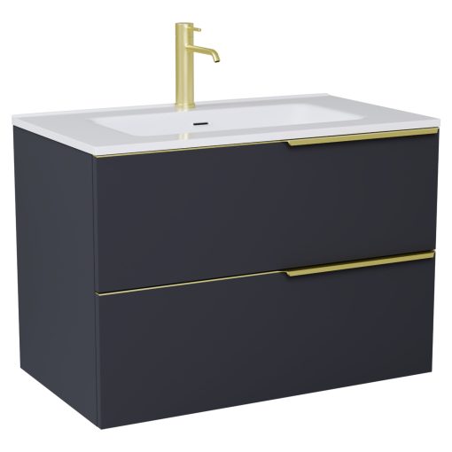 HD Cremona Matt Antracit 60 komplett fürdőszoba bútor fali mosdószekrénnyel, szálcsiszolt arany fogantyúkkal és tükörrel