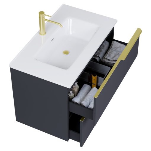 HD Cremona Matt Antracit 60 komplett fürdőszoba bútor fali mosdószekrénnyel, szálcsiszolt arany fogantyúkkal és tükörrel