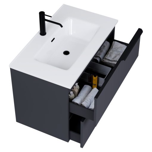 HD Cremona Matt Antracit 60/80 komplett fürdőszoba bútor fali mosdószekrénnyel, matt fekete fogantyúkkal és tükörrel