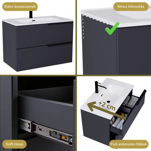 HD Cremona Matt Antracit 60/80 komplett fürdőszoba bútor fali mosdószekrénnyel, matt fekete fogantyúkkal és tükörrel
