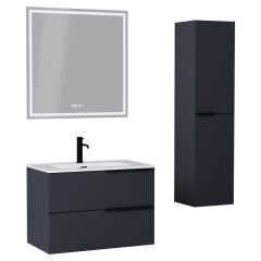   HD Cremona Matt Antracit 60/80 komplett fürdőszoba bútor szett fali mosdószekrénnyel, matt fekete fogantyúkkal, tükörrel és magasszekrénnyel