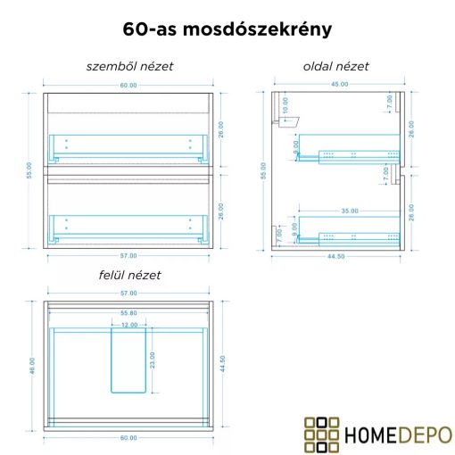 HD Aria Pro Fume Grey 60 komplett fürdőszoba bútor fali push-to-open mosdószekrénnyel és tükörrel