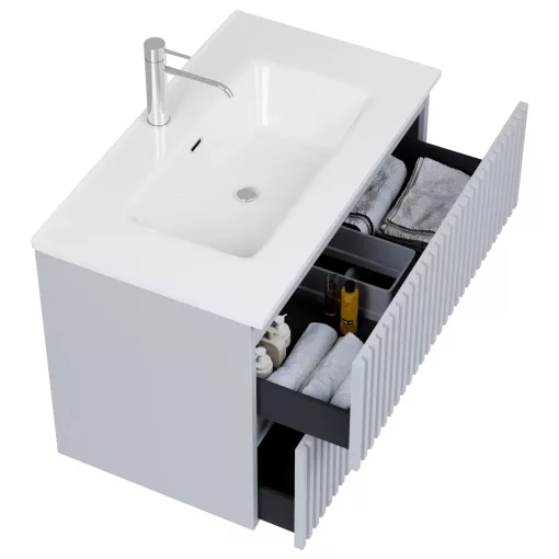 HD Ravello Pro Fume Grey 60 komplett fürdőszoba bútor szett fali push-to-open mosdószekrénnyel, tükörrel és magasszekrénnyel