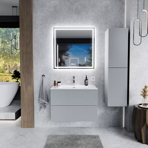 HD Ravello Pro Fume Grey 60 komplett fürdőszoba bútor szett fali push-to-open mosdószekrénnyel, tükörrel és magasszekrénnyel
