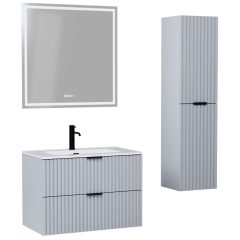   HD Ravello Fume Grey 60/80 komplett fürdőszoba bútor szett fali mosdószekrénnyel, matt fekete fogantyúkkal, tükörrel és magasszekrénnyel