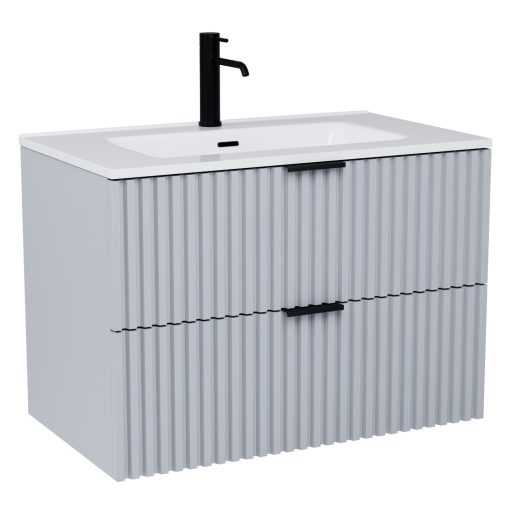 HD Ravello Fume Grey 60/80 komplett fürdőszoba bútor szett fali mosdószekrénnyel, matt fekete fogantyúkkal, tükörrel és magasszekrénnyel