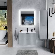 HD Ravello Fume Grey 60/80 komplett fürdőszoba bútor szett fali mosdószekrénnyel, matt fekete fogantyúkkal, tükörrel és magasszekrénnyel