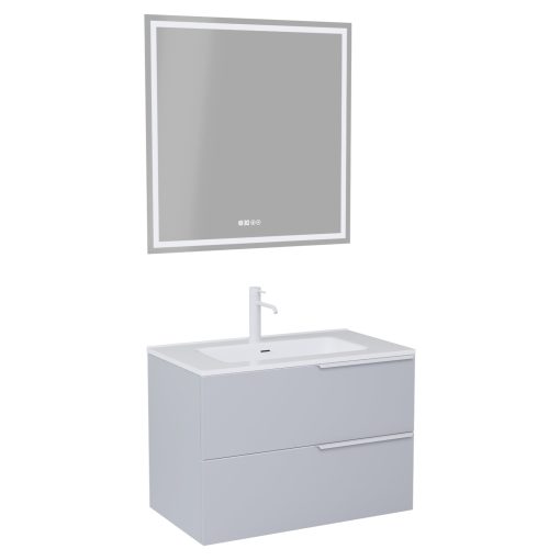HD Cremona Fume Grey 60 komplett fürdőszoba bútor fali mosdószekrénnyel, matt fehér fogantyúkkal és tükörrel