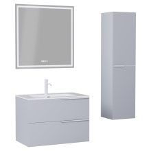 HD Cremona Fume Grey 60 komplett fürdőszoba bútor szett fali mosdószekrénnyel, matt fehér fogantyúkkal, tükörrel és magasszekrénnyel