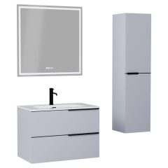   HD Cremona Fume Grey 60/80 komplett fürdőszoba bútor szett fali mosdószekrénnyel, matt fekete fogantyúkkal, tükörrel és magasszekrénnyel