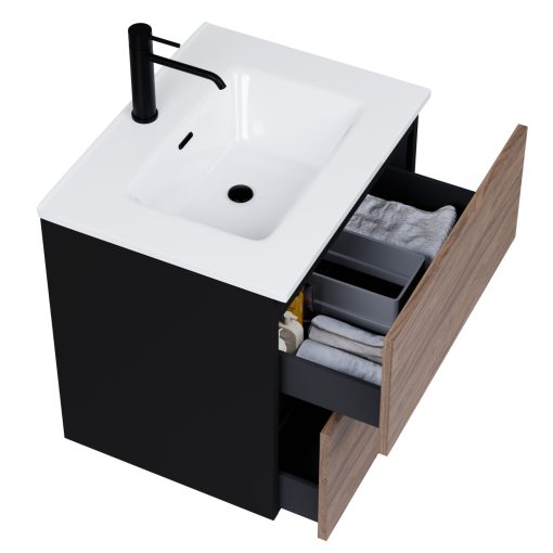 HD Aria Pro Black-Oak 60 komplett fürdőszoba bútor szett fali push-to-open mosdószekrénnyel, tükörrel és magasszekrénnyel