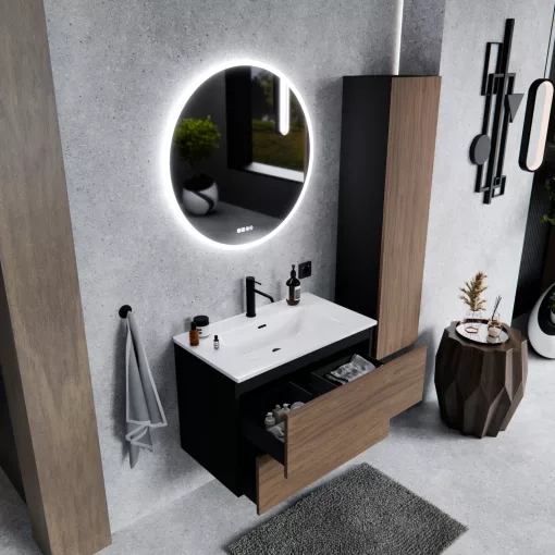 HD Aria Pro Black-Oak 60 komplett fürdőszoba bútor szett fali push-to-open mosdószekrénnyel, tükörrel és magasszekrénnyel