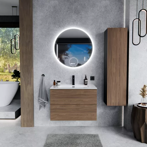 HD Aria Pro Black-Oak 60 komplett fürdőszoba bútor szett fali push-to-open mosdószekrénnyel, tükörrel és magasszekrénnyel